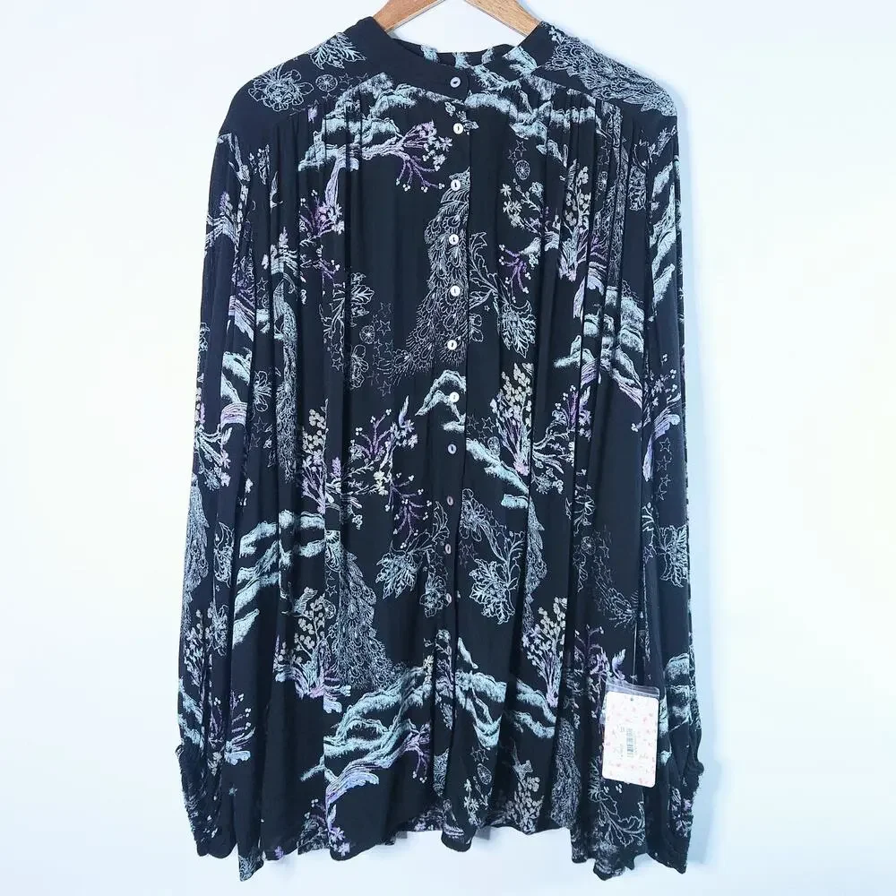 Free People Womens Black Metallic Bloom Peacock Oversized Blouse Size Large NEW